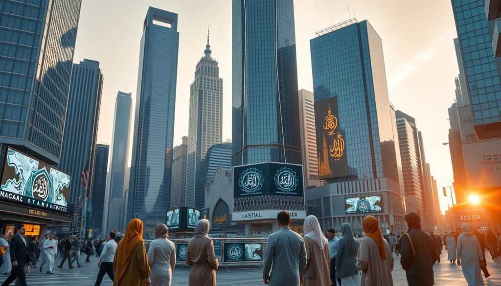 A bustling Islamic finance hub, where towering skyscrapers cast long shadows on the vibrant streets below. In the center, a futuristic digital exchange platform showcases halal cryptocurrencies, their sleek interfaces and secure blockchain technology reflecting the growing demand for Shariah-compliant financial solutions. Elegant calligraphic designs adorn the screens, blending ancient Islamic art with cutting-edge innovation. Amid the thriving activity, a group of financiers, tech pioneers, and scholars discuss the potential of these new digital assets, their robes and hijabs suggesting the diverse, global nature of this emerging industry. The scene is bathed in warm, golden light, capturing the spirit of progress and faith-based finance.