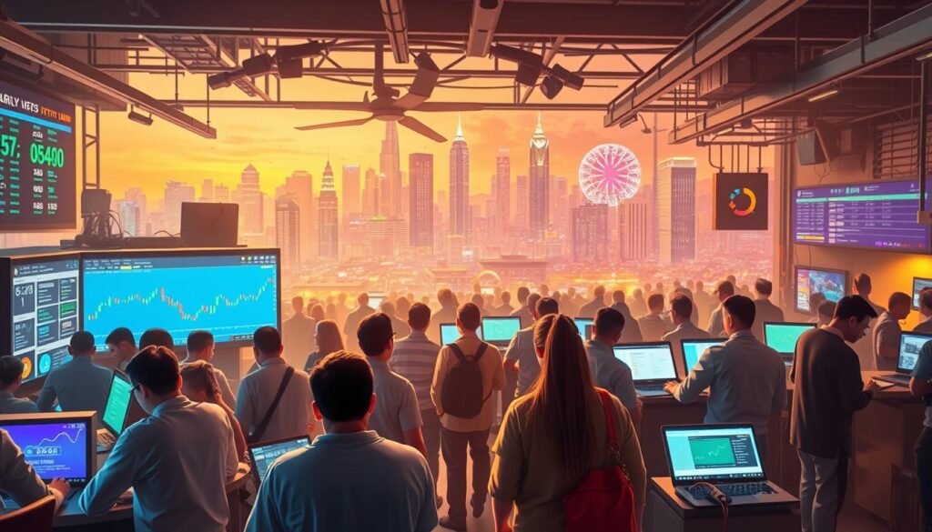 A bustling crypto marketplace, with a diverse array of earning opportunities. In the foreground, individuals engaging in cloud mining, staking, and yield farming on sleek tech devices. In the middle ground, a trading platform showcasing real-time market data and various investment strategies. In the background, a vibrant city skyline, reflecting the dynamic and evolving nature of the crypto landscape. Warm lighting and a sense of momentum and possibility pervade the scene, inviting the viewer to explore alternative crypto involvement beyond traditional mining. The overall atmosphere conveys the depth and breadth of the crypto ecosystem, inspiring exploration and discovery.