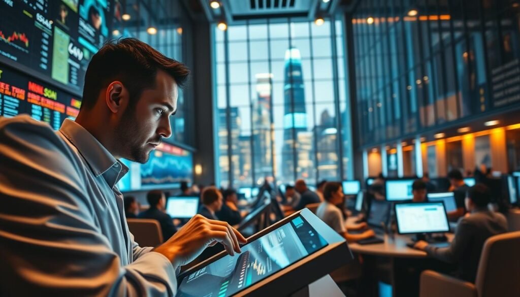 A bustling crypto trading floor, bathed in the soft glow of digital displays. In the foreground, a trader intently monitors real-time data, fingers poised over a sleek touchscreen terminal. The middle ground features a panoramic view of the trading desks, each station occupied by a focused professional, their expressions a blend of concentration and determination. In the background, a towering glass facade offers a glimpse of the vibrant city skyline, a symbolic representation of the global nature of the cryptocurrency market. Warm lighting casts a sense of energy and vitality, capturing the dynamic and ever-evolving nature of the Solana (SOL) ecosystem.