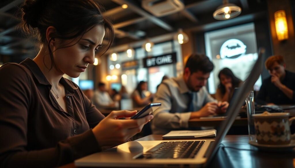 A bustling public cafe, the soft glow of laptops and smartphones illuminating the scene. In the foreground, a woman cautiously checks her bank account on an unsecured public network, her brow furrowed with concern. In the middle ground, a businessman types away, unaware of the potential dangers lurking in the airwaves. In the background, the cafe's patrons are oblivious, sipping their beverages and chatting casually. Dramatic lighting casts dramatic shadows, heightening the sense of unease and the risks of online activities in public spaces. A wide-angle lens captures the full scope of the cafe, emphasizing the vulnerability of the individuals and the importance of vigilance when accessing sensitive information in public.