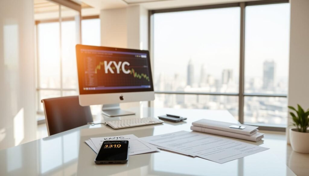 A clean, well-lit office space, with a professional-looking desk and a sleek computer setup. On the desk, various financial documents and a smartphone displaying a cryptocurrency exchange app. In the background, a large window overlooking a cityscape, symbolizing the global reach of the digital asset market. The lighting is warm and inviting, creating a sense of trust and security. The overall atmosphere conveys the importance of KYC (Know Your Customer) protocols in ensuring the integrity and legitimacy of cryptocurrency transactions, helping to prevent money laundering and other financial crimes.