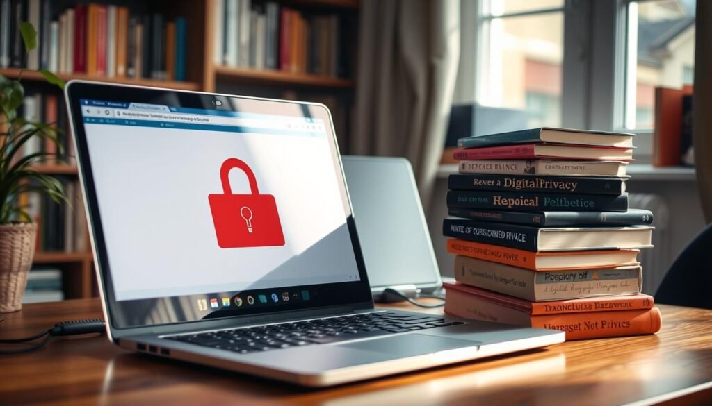 A cozy home office scene with a laptop, a privacy-focused browser window open, and a stack of books on digital privacy. Soft natural lighting from a nearby window, creating a warm, focused atmosphere. In the background, a bookshelf filled with technology-related volumes. The scene conveys a sense of thoughtful, informed privacy practices within a productive, distraction-free environment.