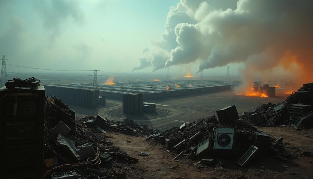A desolate landscape of scorched earth and abandoned mining rigs, cast in an eerie, dystopian glow. In the foreground, towering piles of discarded electronic waste, a testament to the unsustainable energy demands of Bitcoin mining. The middle ground is dominated by a vast array of server racks, their fans whirring ceaselessly, consuming vast amounts of power. In the distance, a hazy horizon is marred by billowing clouds of smoke, the byproduct of the fossil fuels powering the mining operations. The atmosphere is heavy with a sense of environmental degradation, a cautionary tale of the ecological consequences of our pursuit of digital gold.