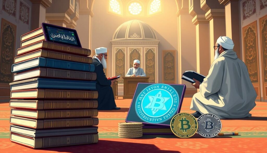 A detailed digital illustration depicting the halal status of various alternative cryptocurrencies. In the foreground, a stack of digital wallets and cryptocurrency exchange platforms, each displaying a different digital asset. The middle ground showcases a scholarly debate, with Islamic scholars in traditional attire discussing the religious permissibility of these alternative cryptocurrencies. In the background, a serene mosque interior, with calligraphic Islamic art on the walls, setting a contemplative mood. The lighting is warm and natural, casting a soft glow over the scene, emphasizing the intellectual and spiritual nature of the subject matter. The overall composition conveys the complexity and nuance of the topic, inviting the viewer to ponder the intersection of finance, technology, and faith.