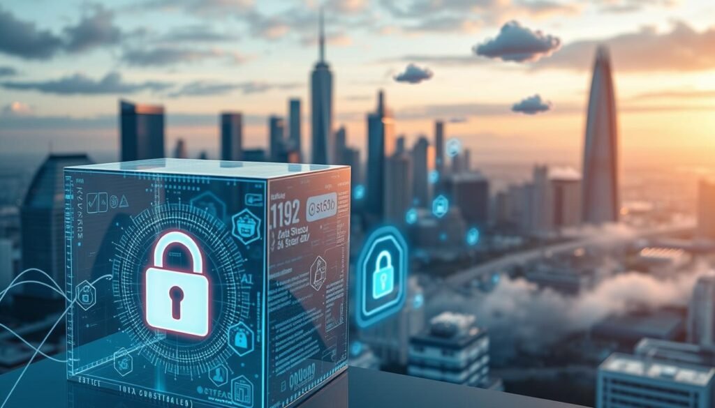A detailed, high-resolution image of emerging data privacy trends. In the foreground, a transparent data cube representing personal information, with swirling digital patterns and lock icons to symbolize security and privacy. In the middle ground, a cityscape of modern architecture with holographic displays showcasing data analytics and privacy policies. In the background, a futuristic landscape with floating data clouds, AI assistants, and a serene sky bathed in soft, ambient lighting. The overall mood conveys a balance between technological advancement and the increasing importance of safeguarding personal data.