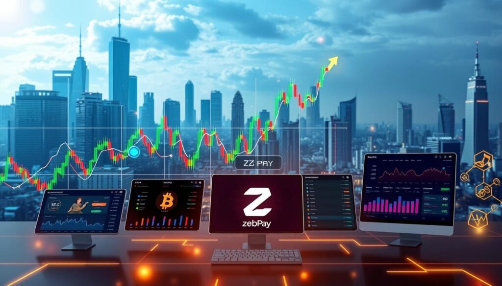 A digital landscape depicting the crypto market trends, with a futuristic cityscape in the background featuring skyscrapers and holographic displays. In the foreground, a dynamic chart visualizing the performance of various cryptocurrencies, represented by colorful geometric shapes and lines that rise and fall dynamically, reflecting the volatility of the market. The middle ground showcases various cryptocurrency trading platforms, including the ZebPay logo, with sleek interfaces and intuitive controls. The scene is illuminated by a warm, golden lighting, creating a sense of optimism and technological advancement. The overall atmosphere conveys the excitement and potential of the cryptocurrency market.