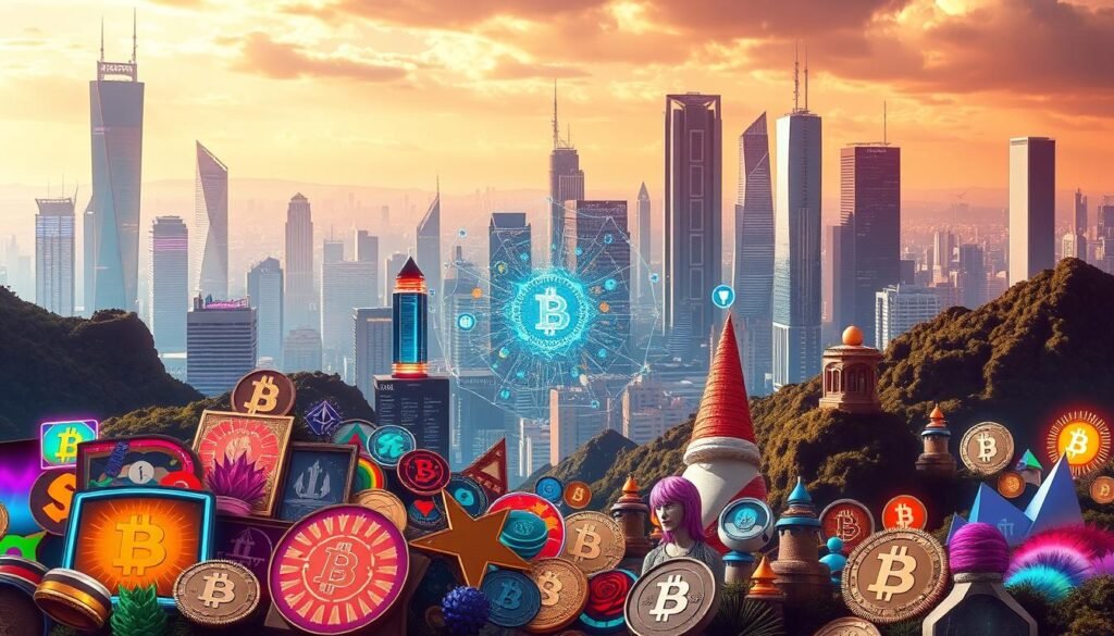 A digital landscape showcasing the diverse digital assets landscape. In the foreground, an array of vibrant NFT artworks, each with a unique visual style and expression. In the middle ground, a dynamic display of cryptocurrency symbols and blockchain data visualizations, pulsing with energy. In the background, a futuristic cityscape of towering skyscrapers, shimmering with holographic interfaces and neon-lit screens. The scene is bathed in a warm, futuristic glow, evoking a sense of innovation, technology, and financial opportunity. The overall composition conveys the pivotal role of NFTs and cryptocurrencies in shaping the emerging digital economy.