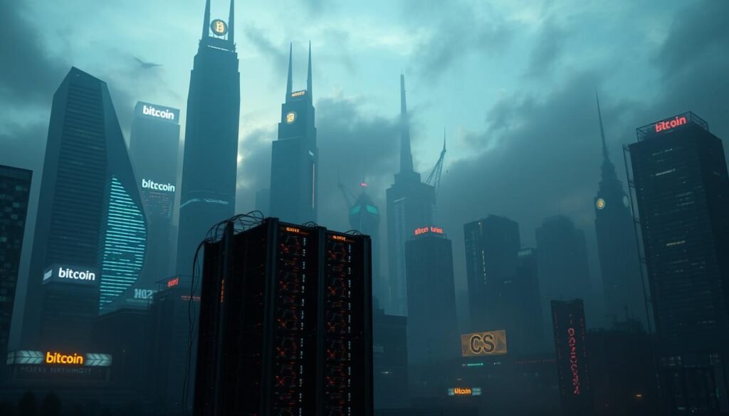 A dimly lit futuristic cityscape, with towering skyscrapers and glowing neon signs. In the foreground, a massive data center stands, its servers whirring with the intense computational power of Bitcoin mining rigs. The background is hazy, with a mix of natural and artificial light filtering through the smog, creating an ominous, uncertain atmosphere. The scene conveys a sense of technological advancement battling against regulatory uncertainty, hinting at the complex legal landscape surrounding the future of Bitcoin mining.