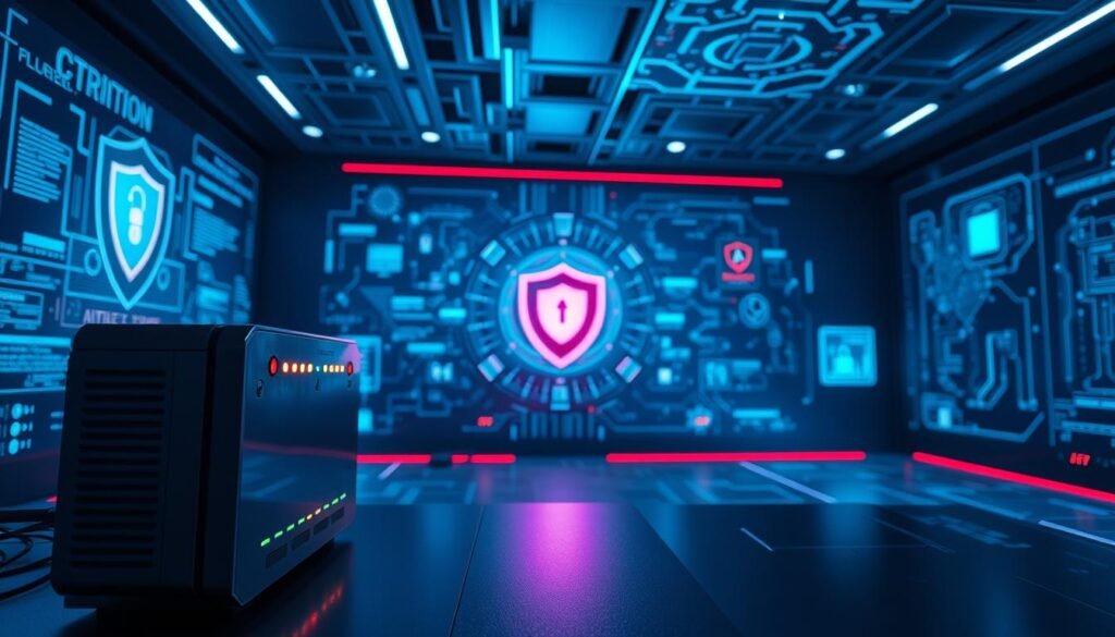A dimly lit, futuristic cybersecurity control room. In the foreground, a sleek, metallic firewall device stands guard, its LED indicators blinking rhythmically. In the middle ground, an advanced antivirus software interface glows on a high-resolution display, showcasing real-time threat detection and mitigation. The background is a mesh of holographic data streams, virtual firewalls, and intricate network diagrams, bathed in a cool, neon-tinged lighting that casts an ethereal glow over the entire scene. The atmosphere is one of vigilance, technological prowess, and the relentless battle against cyber threats.