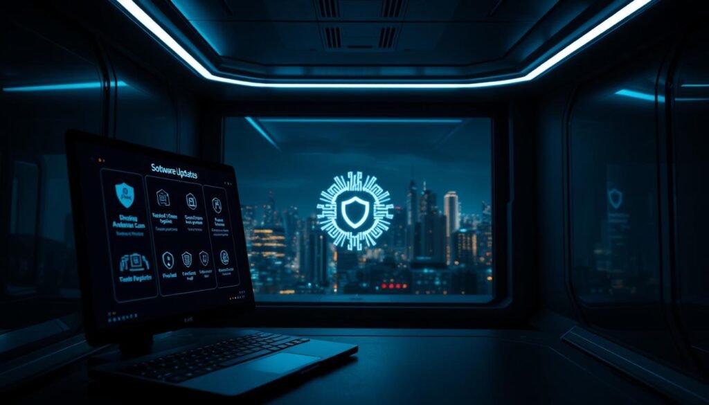 A dimly lit, high-tech interior with sleek, metallic surfaces. In the foreground, a computer display shows a security interface with icons for software updates, antivirus scans, and firewalls. Subtle blue and green lighting casts an otherworldly glow, creating an atmosphere of digital privacy and protection. In the middle ground, a stylized representation of a computer chip or circuit board, symbolizing the complex inner workings of modern software. The background features a panoramic cityscape, with skyscrapers and glowing windows, hinting at the wider digital landscape that requires vigilance and diligence to safeguard. The overall scene conveys the importance of keeping software up-to-date to maintain online privacy and security in an increasingly interconnected world.