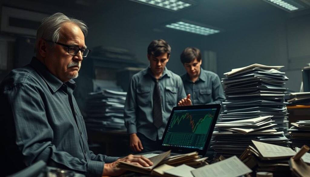A dimly lit office in the early 2000s, the pioneers of cryptocurrency exchange stand somberly amidst the wreckage of the once-mighty Mt. Gox. In the foreground, a middle-aged man with a troubled expression stares at a laptop displaying cascading financial data. Behind him, two younger colleagues huddle over stacks of paperwork, their faces etched with concern. The background is shrouded in shadows, hinting at the complex web of technology, regulation, and human ambition that fueled the rise and fall of this groundbreaking exchange. The scene conveys a sense of melancholy and the weight of responsibility, capturing the pivotal moment when the dreams of a new financial frontier collided with the harsh realities of the digital age.