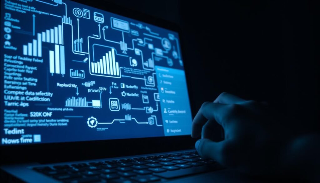 A dimly lit room, the glow of a laptop screen casting eerie shadows. On the screen, a visual representation of data flows - bars, lines, and icons symbolizing the movement of personal information across the digital landscape. In the foreground, a hand cautiously navigates through a maze of privacy settings, seeking to regain control. The atmosphere is tense, with a sense of unease and the realization that our online activities are constantly being monitored and analyzed. The image conveys the importance of understanding and proactively managing our digital privacy in the modern era.