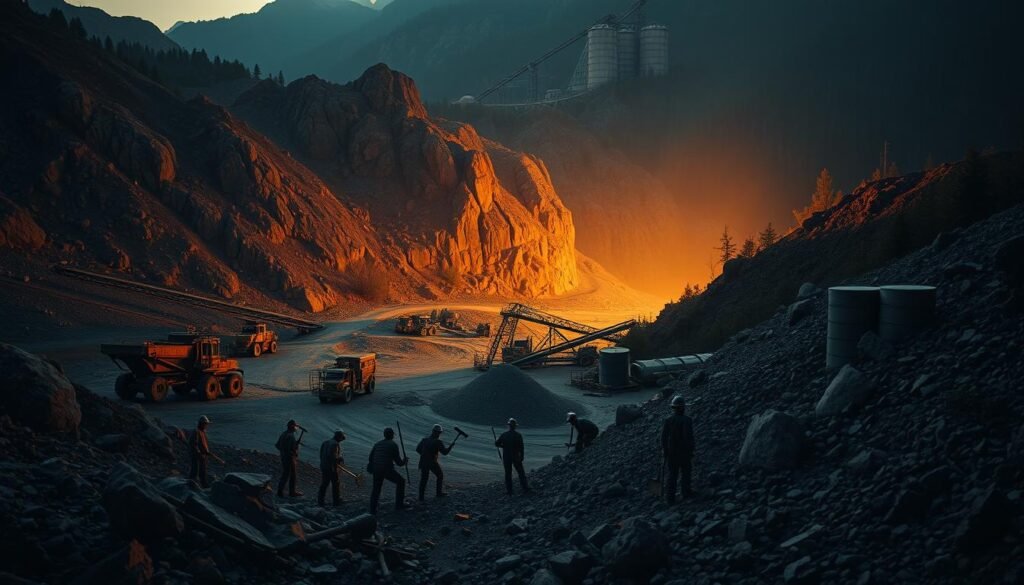 A dimly lit, rugged mining site nestled in a vast, mountainous landscape. In the foreground, a team of hardworking miners wield pickaxes and shovels, extracting valuable minerals from the earth. The middle ground reveals heavy machinery, conveyor belts, and storage silos, hinting at the scale and efficiency of the mining operation. In the background, towering rock formations and dense forests create a sense of raw, untamed wilderness. Warm, golden lighting casts long shadows, lending an air of industrial grit and determination to the scene. The overall composition suggests the immense effort and resources required to unearth the fundamental building blocks that power our modern world.