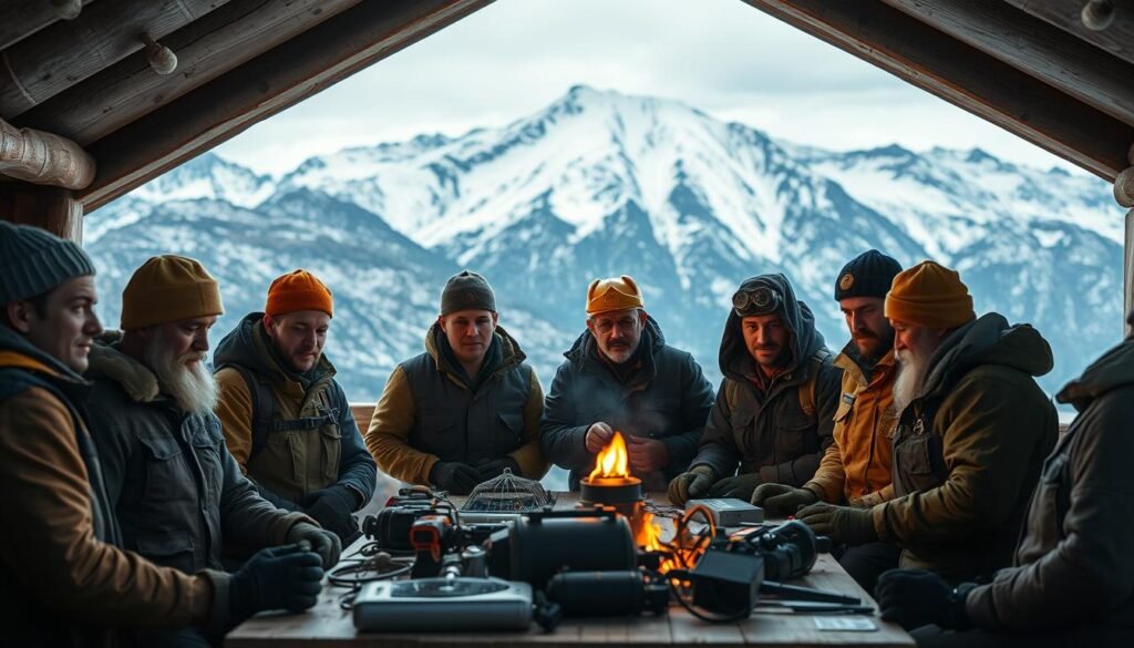 A diverse group of miners, both young and old, gathered around a table in a cozy cabin. Warm firelight dances across their faces as they pore over mining equipment and discuss the latest techniques. In the background, a vast, snow-capped mountain range stands tall, hinting at the untapped resources hidden within. The scene exudes a sense of camaraderie and shared purpose, inviting the viewer to join this tight-knit mining community.