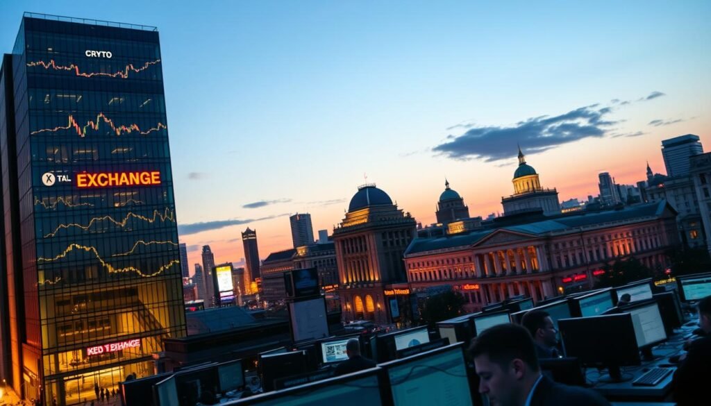 A dynamic cityscape at dusk, showcasing the evolution of crypto exchanges. In the foreground, a modern, glass-clad exchange building stands tall, its sleek design and neon-lit signage reflecting the cutting-edge nature of the industry. The middle ground features a bustling trading floor, where traders in suits and casual attire collaborate at computer terminals, their faces illuminated by the glow of digital displays. In the background, a series of older, more traditional financial institutions gradually fade into the distance, symbolizing the regulatory landscape's transformation to accommodate this new digital financial paradigm. The scene is bathed in a warm, golden light, conveying a sense of progress and innovation within the crypto exchange ecosystem.
