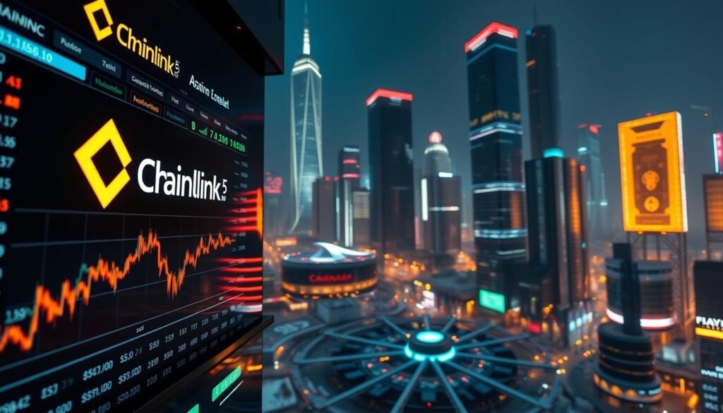 A dynamic cryptocurrency exchange displaying the Chainlink logo and market data, illuminated by a warm, golden glow. In the foreground, a digital interface showcases LINK token price charts, trading volumes, and analytical widgets. The middle ground features the Chainlink blockchain network infrastructure, with nodes and data feeds connecting to various decentralized applications. The background depicts a bustling cryptocurrency market, with skyscrapers, neon lights, and a futuristic, tech-savvy atmosphere. The scene is captured through a wide-angle lens, emphasizing the scale and complexity of the Chainlink ecosystem.