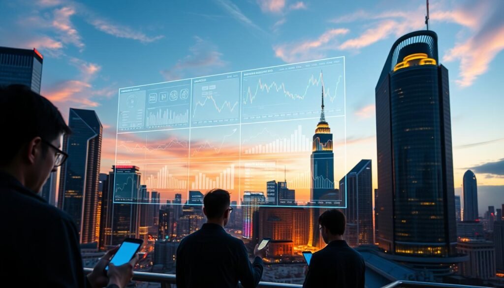 A futuristic cityscape at dusk, with towering skyscrapers and a vibrant skyline. In the foreground, a holographic display showcases various cryptocurrency charts and graphs, projecting an aura of innovation and technological advancement. The middle ground features individuals engrossed in their mobile devices, trading and monitoring their digital asset portfolios. The background is illuminated by a warm, ethereal glow, suggesting the dawn of a new era in financial investment. The scene conveys a sense of excitement and anticipation for the future of cryptocurrency investments.