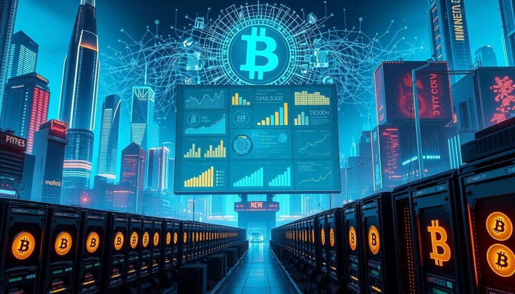 A futuristic cityscape with towering skyscrapers and glowing neon-lit structures, bathed in a cool, bluish hue. In the foreground, rows of high-performance computer rigs line the streets, their graphics cards and cooling fans working tirelessly to mine Bitcoin. The middle ground features a projection screen displaying a dazzling array of statistics, graphs, and charts detailing the growth and potential of the Bitcoin mining industry. The background is dominated by a vast, holographic projection of the Bitcoin network, with nodes and transactions flowing like a living, digital organism. The overall scene conveys a sense of innovation, technology, and the boundless potential of the cryptocurrency's future.