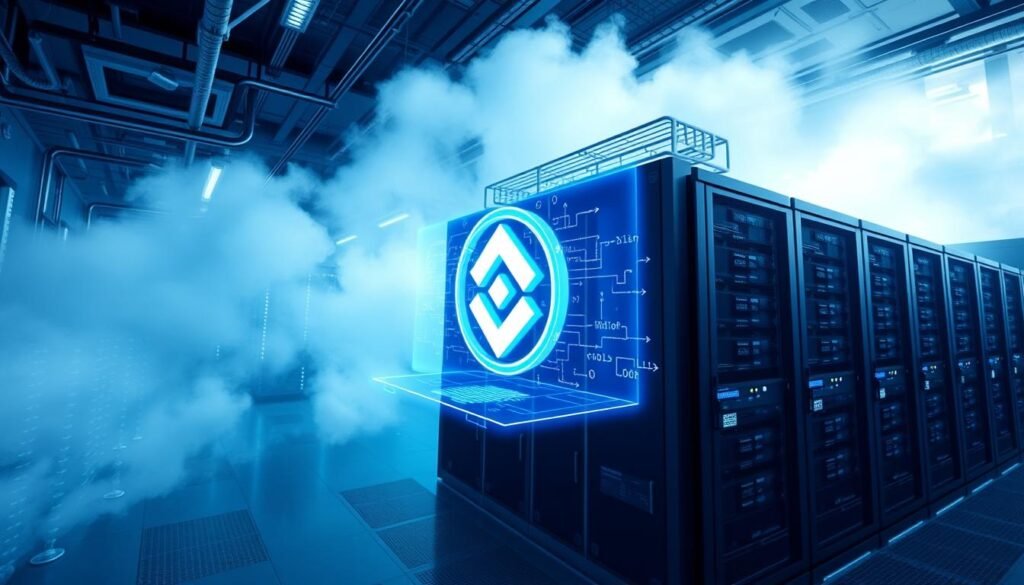 A futuristic data center showcasing the evolution of blockchain technology. In the foreground, a cluster of servers and network switches glow with a cool, blue-tinted lighting, symbolizing the secure and decentralized nature of blockchain infrastructure. In the middle ground, a holographic display projects a three-dimensional visualization of cryptocurrency transactions, with Binance Coin's iconic logo prominently featured. The background is shrouded in a haze of digital fog, evoking a sense of mystery and technological progress. The scene is captured with a wide-angle lens, creating a sense of depth and grandeur, conveying the transformative potential of blockchain and its growing influence in the world of digital assets.