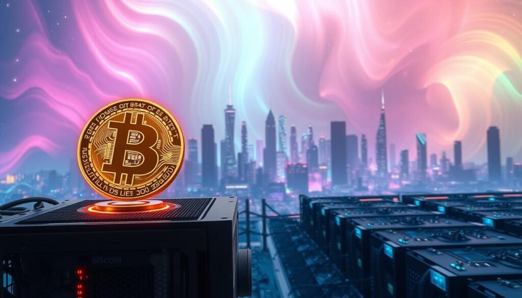 A futuristic digital landscape depicting the potential earnings from mining bitcoin. In the foreground, a gleaming golden bitcoin symbol hovers above a high-tech mining rig, its intricate circuitry bathed in a soft, neon glow. The middle ground showcases a panoramic view of a bustling cryptocurrency mining farm, rows of powerful rigs humming with activity against a backdrop of towering skyscrapers and a vibrant, holographic cityscape. The background is dominated by a stunning, aurora-like display of shifting hues and patterns, symbolizing the dynamic and ever-evolving nature of the digital currency landscape. The overall composition conveys a sense of technological sophistication, untapped potential, and the promise of financial rewards for those who harness the power of bitcoin mining.