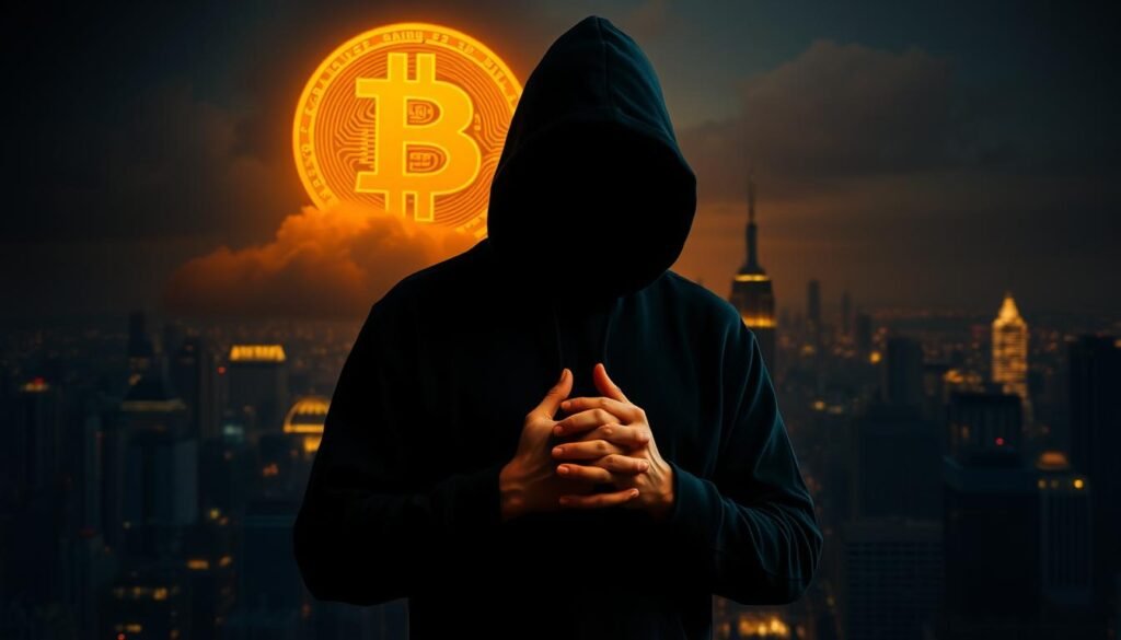 A high-contrast, cinematic image of a person wearing a dark hoodie, their face obscured in shadow, standing in front of a cityscape at night. The background is a collage of skyscrapers, glowing lights, and the faint outline of a massive bitcoin symbol looming in the sky, casting an ominous glow. The overall atmosphere is one of mystery and uncertainty, hinting at the ambiguous legal status of bitcoin mining. Warm, dramatic lighting illuminates the person's hands, which are clasped together, suggesting deep contemplation. The composition is framed by a narrow depth of field, keeping the focus on the central figure.