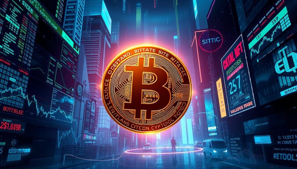 A high-contrast digital illustration depicting the Bitcoin cryptocurrency as the centerpiece, surrounded by a dynamic array of stock market tickers, financial graphs, and news headlines swirling in a futuristic, cyberpunk-inspired environment. The foreground features a sleek, metallic "B" symbol for Bitcoin, illuminated by dramatic lighting and glossy reflections. The middle ground showcases real-time market data visualizations in shades of blue and green, conveying the pulse of the cryptocurrency trading ecosystem. The background is composed of a dark, moody cityscape with skyscrapers, neon signs, and a vibrant, holographic display of the latest crypto news and analysis. The overall mood is one of technological sophistication, financial prowess, and the enduring prominence of Bitcoin as the premier digital asset.