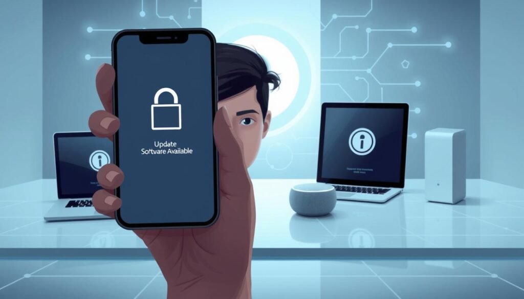 A high-resolution digital illustration depicting the concept of "internet privacy best practices" for the article section "Regularly Update Your Software and Devices". In the foreground, a person's hand holds a smartphone showing a software update notification. The screen displays a lock icon and the words "Update Available". The person's face is slightly obscured, conveying a sense of digital security and privacy. In the middle ground, various digital devices such as a laptop, tablet, and smart home assistant are shown, all with software update icons and an overall aesthetic of modernized, streamlined technology. The background features a clean, minimalist environment with soft, cool-toned lighting, suggesting a serene and secure digital space. Subtle digital patterns or network visualizations accent the scene, reinforcing the theme of online privacy and protection. The overall mood is one of vigilance, proactivity, and a sense of control over one's digital footprint, highlighting the importance of regularly