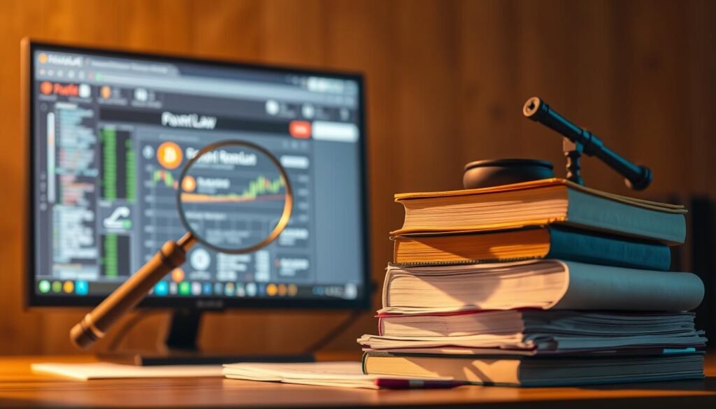 A large stack of law books and legal documents with a magnifying glass on top, casting a focused beam of light onto a computer screen displaying cryptocurrency mining software. The scene is bathed in a warm, amber-tinted lighting, conveying a sense of thoughtful contemplation and the need to navigate the legal complexities of crypto mining. The foreground is crisp and detailed, while the background is slightly blurred, directing the viewer's attention to the central elements. The overall atmosphere evokes a sense of careful consideration and the importance of understanding the legal landscape when engaging in cryptocurrency mining activities.