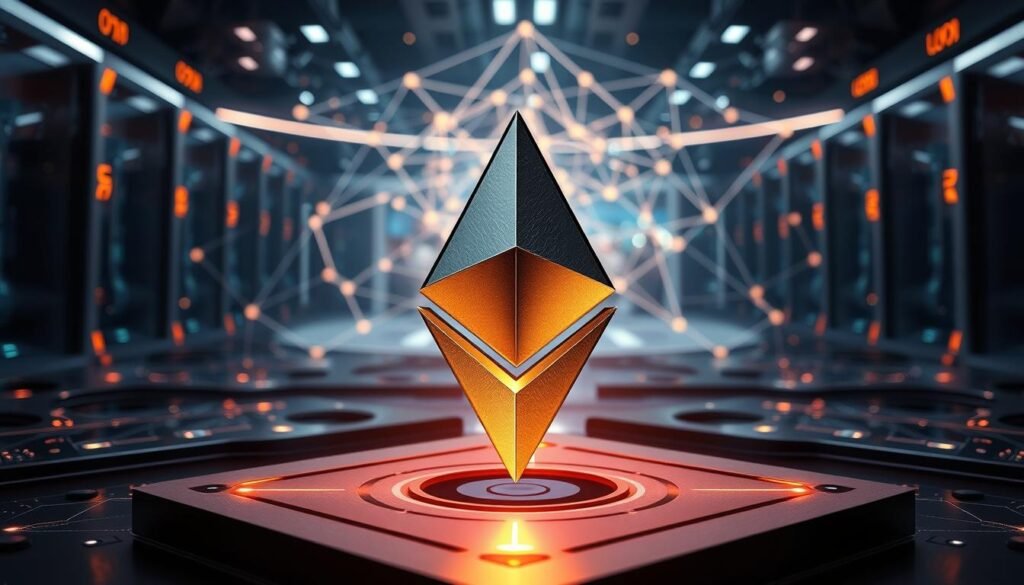 A majestic and futuristic rendering of the Ethereum cryptocurrency, depicting its innovative blockchain technology, versatile smart contract capabilities, and role as a leading digital asset. Showcase the Ethereum logo in the foreground, rendered in metallic hues, illuminated by a warm, ambient lighting. In the middle ground, depict the Ethereum network as a dynamic, interconnected web of complex geometric shapes and structures, conveying the decentralized, distributed nature of the platform. In the background, include a stylized cityscape or data center, representing the real-world applications and integration of Ethereum across various industries. Capture a sense of progress, innovation, and the transformative potential of this pioneering cryptocurrency.