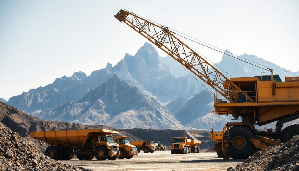 A massive mining excavator stands tall in the foreground, its massive steel frame and hydraulic arms gleaming in the bright, warm sunlight. In the middle ground, a fleet of haul trucks and bulldozers are at work, moving earth and rock with powerful engines. The background is dominated by a towering mountain range, its jagged peaks reaching towards the sky. The scene conveys a sense of scale, power, and technological innovation at the heart of modern mining operations. The lighting is crisp and natural, capturing the harsh, rugged environment in which this machinery operates. The camera angle is slightly elevated, offering a sweeping, panoramic view of the mining site.