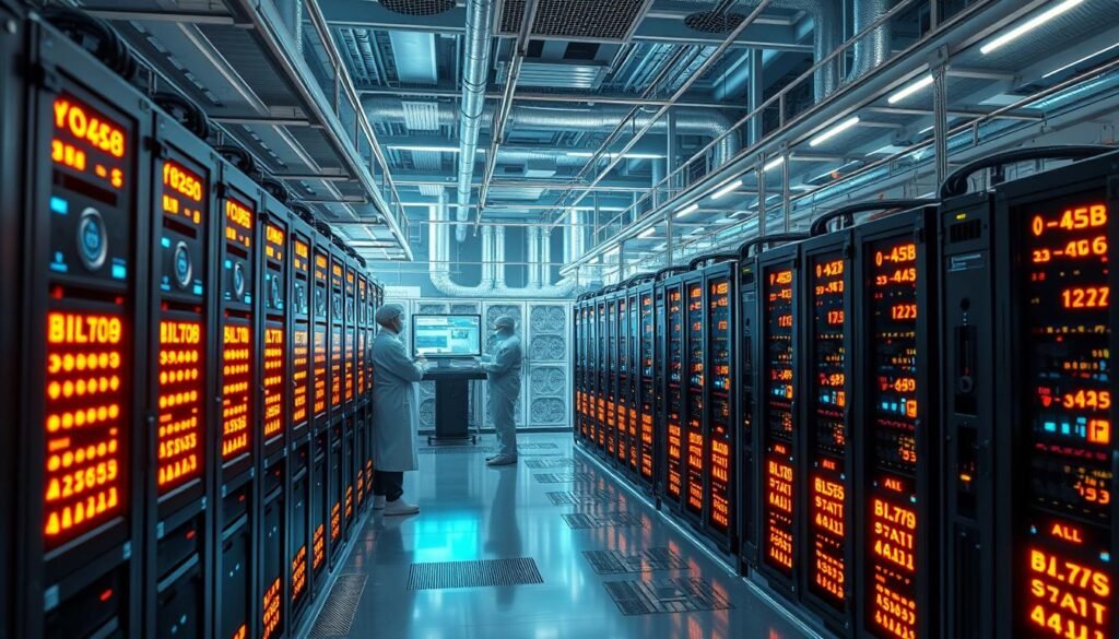 A meticulously rendered, wide-angle view of a Bitcoin mining facility. In the foreground, rows of cutting-edge ASIC rigs hum with activity, their LED displays casting a warm, ethereal glow. In the middle ground, technicians in clean-room suits monitor the mining operation, analyzing data on sleek, holographic control panels. The background depicts the facility's state-of-the-art cooling infrastructure - massive heat sinks and industrial-grade fans maintaining the optimal temperature for peak mining efficiency. The overall atmosphere conveys a sense of technological prowess, financial opportunity, and the steady, reliable generation of cryptocurrency wealth.