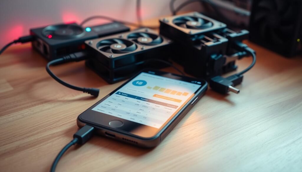 A mobile device resting on a wooden surface, its screen displaying a cryptocurrency mining dashboard. The device is surrounded by various mining hardware components, including a USB hub, cooling fans, and a power supply. The lighting is soft and warm, creating a cozy, focused atmosphere. The scene is captured from a slightly elevated angle, giving a comprehensive view of the setup. The overall composition emphasizes the integration of mobile technology with the world of cryptocurrency mining, hinting at the potential for efficient, portable mining operations.