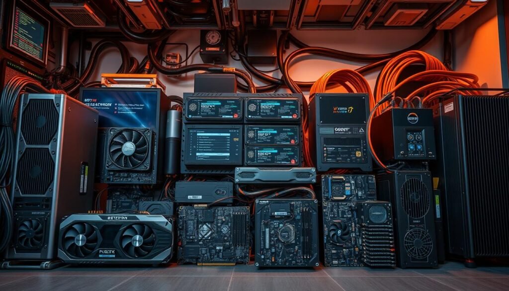 A neatly organized array of powerful graphics processing units (GPUs), specialized application-specific integrated circuits (ASICs), and high-capacity cooling systems against a backdrop of circuit boards, wiring, and digital displays. The scene is illuminated by a warm, ambient light, creating a sense of technical sophistication and efficiency. The various components are positioned with deliberate precision, reflecting the meticulous nature of crypto mining hardware setup. The overall atmosphere conveys the essential tools and infrastructure required to unlock the potential of cryptocurrency mining.