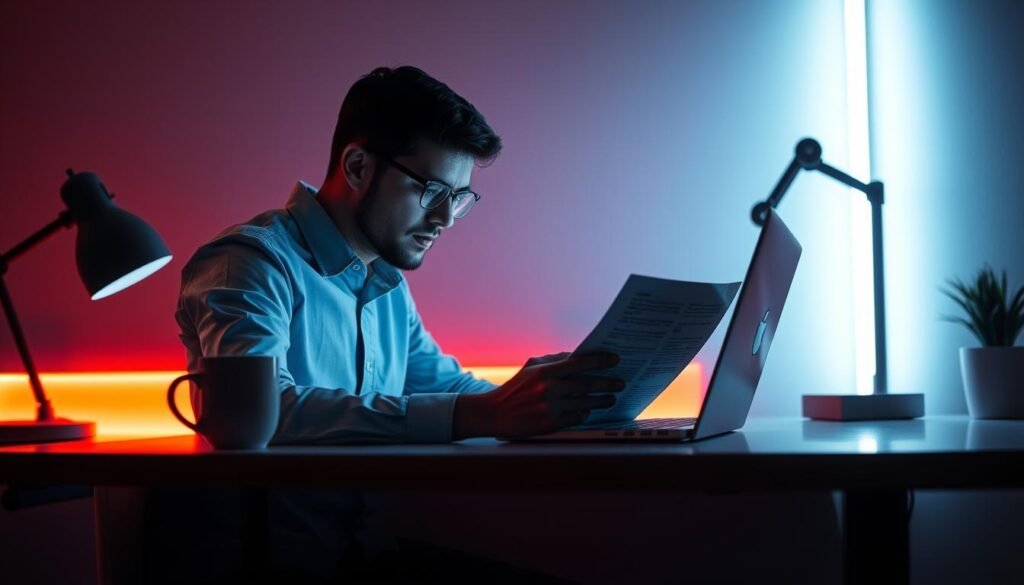 A neon-lit office desk in a dimly-lit room, the glow of a laptop screen reflecting on the face of an individual deeply engrossed in reading an online privacy policy document. Soft, diffused lighting illuminates the scene, creating a contemplative, introspective atmosphere. The desk is meticulously organized, with a cup of steaming coffee and a small potted plant adding a touch of warmth. The user's expression is one of concentration, suggesting the importance and gravity of the task at hand - understanding the nuances of digital privacy in the modern age.