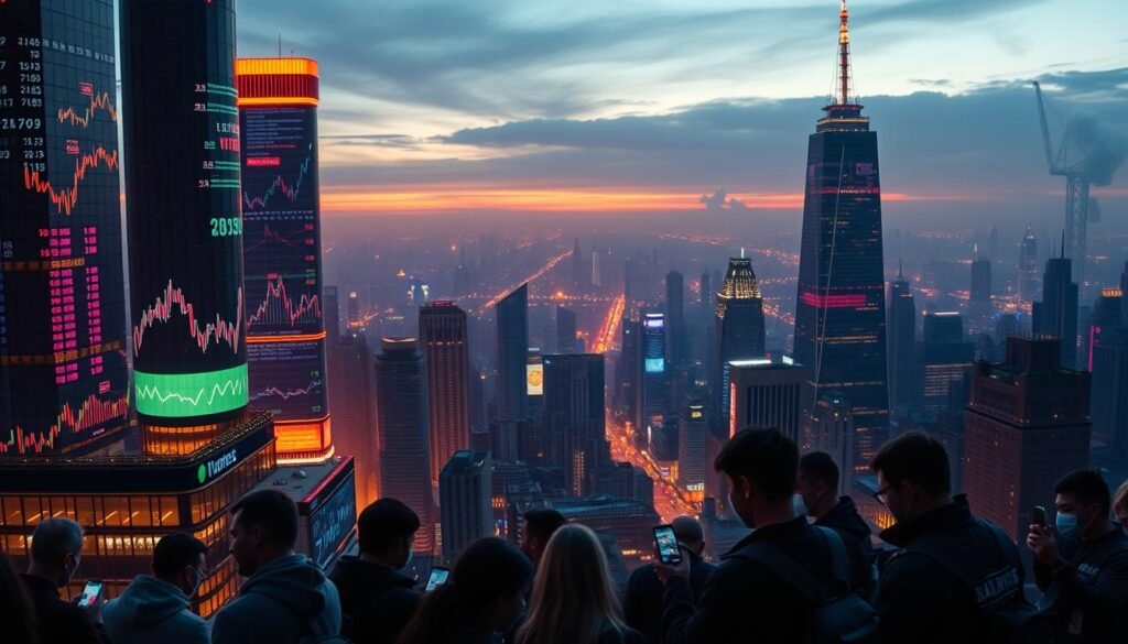 A panoramic cityscape at twilight, with a dynamic display of neon-lit cryptocurrency charts and graphs projected onto the towering skyscrapers. In the foreground, a group of investors huddled around their smartphones, their expressions reflecting a mixture of anticipation and uncertainty. The middle ground features a bustling financial district, complete with stock tickers and digital currency symbols flashing across LED screens. The background is a hazy, futuristic metropolis, bathed in a warm, golden glow that suggests a sense of technological progress and economic opportunity. The overall mood is one of excitement and innovation, capturing the essence of the current cryptocurrency trends.