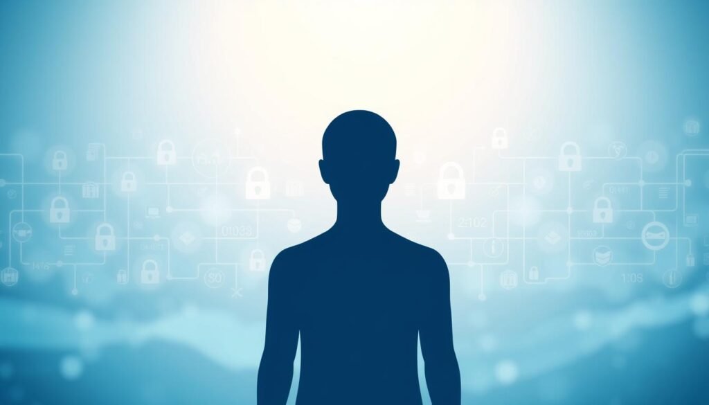 A privacy-focused digital landscape with a serene, minimalist style. In the foreground, a stylized, semi-transparent human figure represents the individual, symbolizing their rights and autonomy over personal data. The middle ground features various data icons, security symbols, and network connections, conveying the complexities of online privacy. The background is a subtle, soft-focus blend of shades of blue, evoking a sense of digital security and trust. Soft, diffused lighting from an overhead source creates a calming, contemplative atmosphere. The composition emphasizes balance, harmony, and the empowerment of the individual in the digital realm.