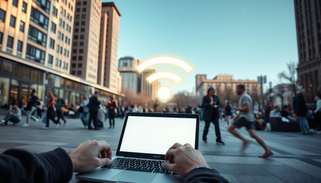 A public plaza with people using their laptops and mobile devices, surrounded by tall buildings and a clear blue sky. In the foreground, a pair of hands using a laptop, with a network of wireless signals emanating from the device. In the middle ground, people cautiously looking around and shielding their screens, aware of potential eavesdroppers. In the background, a large, open Wi-Fi hotspot icon, glowing softly, conveying the risks of unsecured public networks. Soft, diffused lighting creates a sense of caution and awareness, underscoring the importance of maintaining online privacy in public spaces.