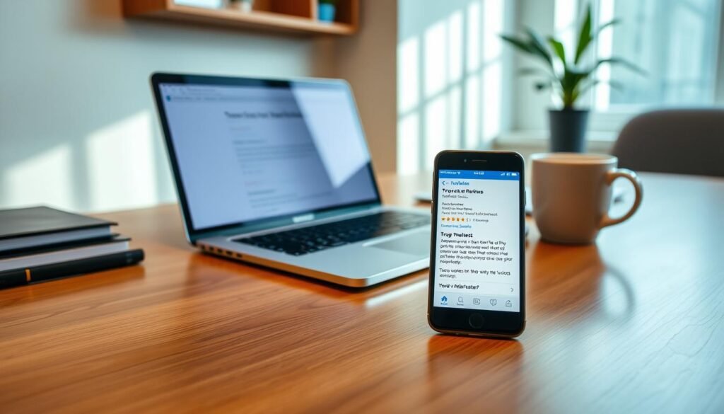 A serene and well-lit office setting with a wooden desk, a laptop, a cup of coffee, and a smartphone displaying Trust Wallet reviews from verified users. The reviews are presented neatly, with a focus on positive user experiences and success stories. The overall atmosphere is professional, inviting, and reflects the trustworthiness of the platform. The lighting is soft and natural, creating a warm and welcoming ambiance. The camera angle is slightly elevated, providing a clean and organized view of the desk and its contents.