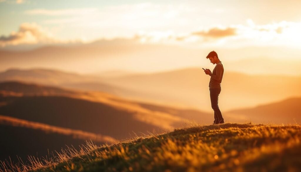A serene landscape of rolling hills, with a lone figure standing atop a grassy knoll, gazing intently at their smartphone. The background is softly blurred, creating a sense of depth and focus on the central character. Warm, golden sunlight filters through wispy clouds, casting a gentle glow on the scene. The figure's posture conveys a sense of contemplation, as if deeply considering the implications of their digital privacy. The overall mood is one of thoughtful introspection, with the natural setting providing a calming contrast to the technological focus of the subject.