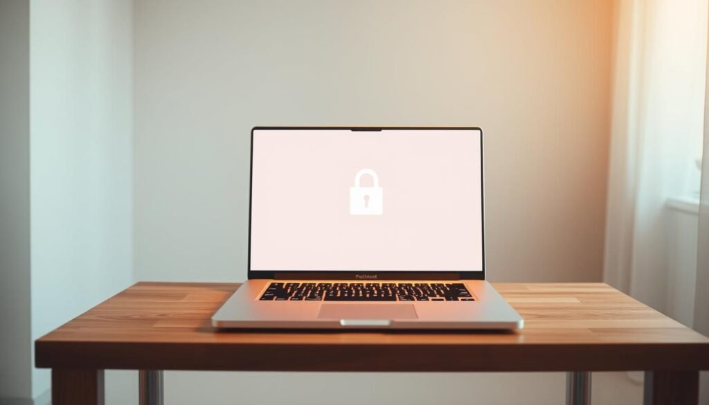 A serene, minimalist room with an open laptop on a clean wooden desk. The laptop screen displays a simple privacy icon - a shield or lock symbol - against a soft, blurred background. Warm, diffused lighting illuminates the scene, creating a sense of security and focus. The composition emphasizes the laptop as the central element, with the privacy icon serving as a subtle, yet impactful, visual metaphor for online safety. The overall mood is one of calm, control, and digital well-being.