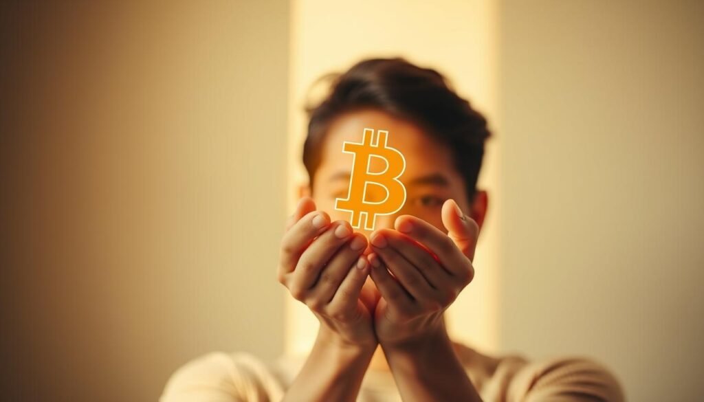 A serene, minimalist scene of a person's hands cupping a glowing cryptocurrency symbol, set against a muted, serene background. Warm, natural lighting casts a soft glow, creating a contemplative, introspective atmosphere. The subject's face is not visible, emphasizing the hands and the digital asset as the focal point. The composition evokes a sense of responsible, thoughtful investment in the cryptocurrency market.