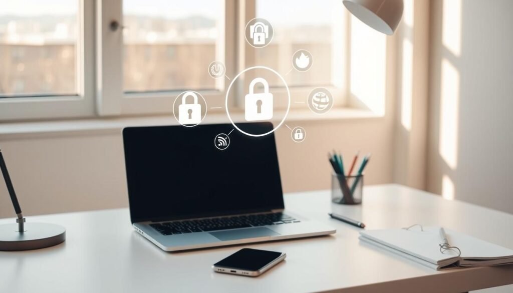 A serene, minimalist workspace with a laptop, smartphone, and a desktop organizer on a clean, white desk. The window in the background casts warm, natural lighting, creating a sense of privacy and focus. Hovering above the laptop, subtle icons representing privacy-enhancing tools and strategies, such as encryption, VPN, and browser extensions, provide a visual cue to the user's digital privacy tactics. The overall composition conveys a balanced, intentional approach to safeguarding personal information in the digital age.