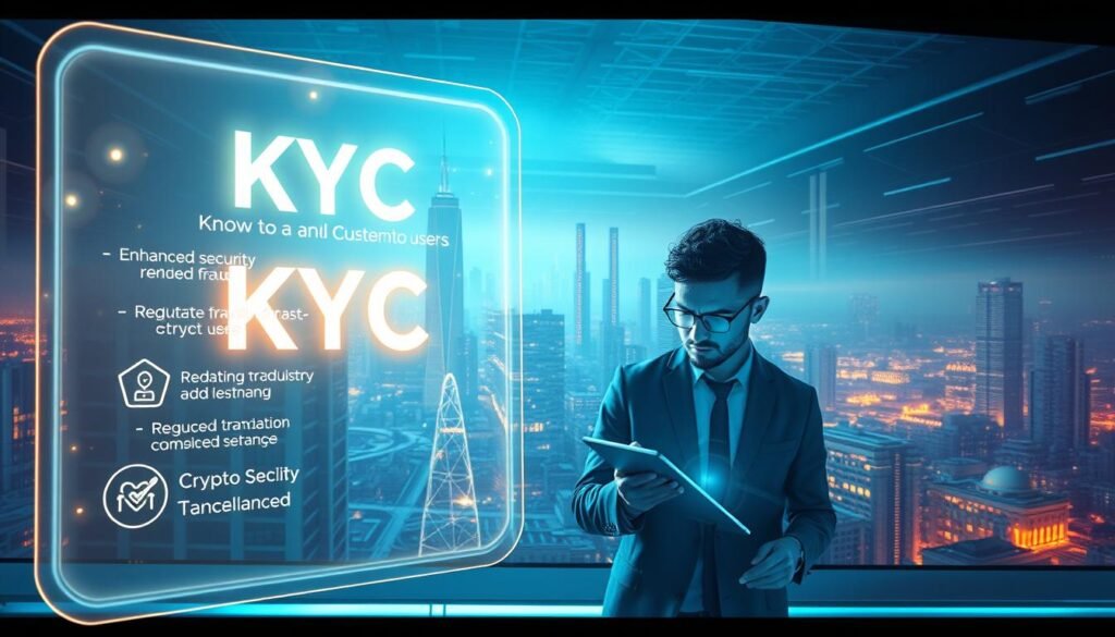 A sleek and futuristic scene depicting the importance of KYC (Know Your Customer) in the crypto industry. In the foreground, a glowing holographic display showcases the key benefits of KYC for crypto users, such as enhanced security, reduced fraud, and regulatory compliance. In the middle ground, a team of crypto experts analyzes transaction data, their faces illuminated by the soft glow of their screens. In the background, a panoramic view of a bustling crypto exchange, with towering skyscrapers and a network of digital pathways. The overall atmosphere is one of technological sophistication and the critical role that KYC plays in shaping the future of the crypto ecosystem.