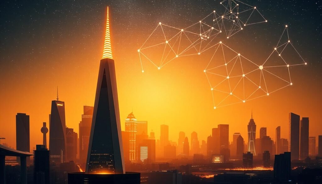 A sleek and modern cityscape with a towering Cardano symbol in the foreground, casting a futuristic glow. In the background, a network of interconnected blockchain nodes and lines of code against a starry night sky, symbolizing the decentralized and innovative nature of the Cardano cryptocurrency. The scene is bathed in a warm, ambient lighting, creating a sense of optimism and progress. The overall composition captures the essence of Cardano as a pioneering and transformative force in the world of digital assets.
