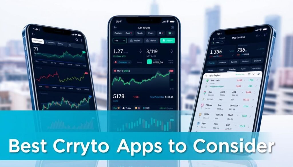 A sleek and modern crypto trading app interface, with a clean and intuitive design. The foreground features various charts, graphs, and analytics tools, displaying real-time cryptocurrency data and market insights. The middle ground showcases different trading options, order types, and portfolio management features. The background has a minimalist aesthetic, with a soft gradient or blurred cityscape, conveying a sense of sophistication and technology. Subtle lighting and camera angles emphasize the app's responsive design and user-friendly experience, creating an image that resonates with the "Best Crypto Apps to Consider" theme.