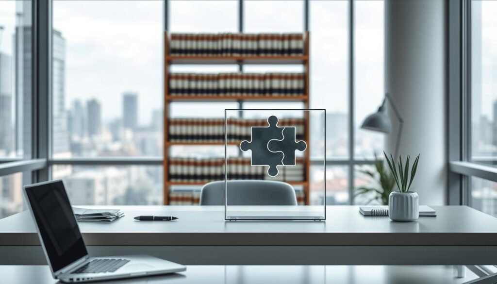 A sleek and professional-looking office interior with large windows allowing natural light to fill the space. In the foreground, a modern desk with a laptop, pen, and other minimal office supplies. On the desk, a framed glass artwork depicting a puzzle with interlocking pieces, symbolizing the complexity of personal information protection. In the middle ground, a bookshelf filled with legal and privacy-related books. The background showcases a cityscape visible through the windows, hinting at the global scale of privacy concerns. The overall atmosphere is one of sophistication, order, and a sense of the importance of safeguarding personal data.