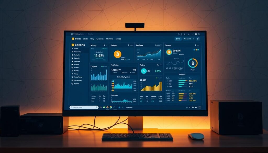 A sleek, minimalist desktop computer setup with a cutting-edge bitcoin mining software interface displayed on the high-resolution monitor. The frame is illuminated by soft, warm lighting, creating a focused and productive atmosphere. The software showcases detailed analytics, mining rig performance, and cryptocurrency wallet management tools. In the background, a geometric wallpaper pattern subtly references the blockchain technology powering the mining process. The composition emphasizes the technological sophistication and user-friendly design of the mining software, inviting the viewer to explore its capabilities.