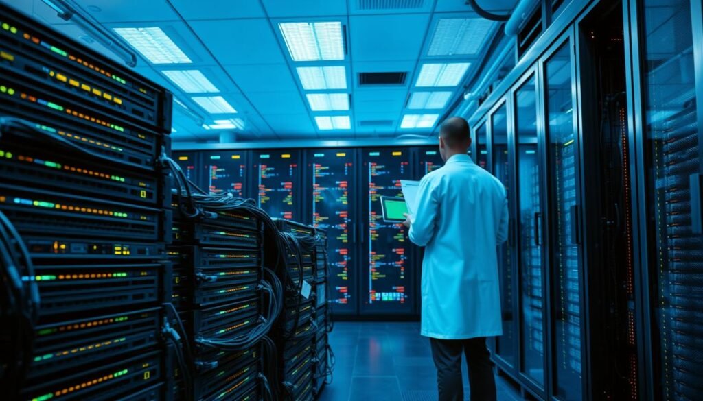 A sleek, modern data server room, bathed in a cool, azure-tinted lighting. The foreground features stacks of secure, encrypted hard drives and backup devices, with cables and connectors neatly organized. In the middle ground, a technician in a lab coat carefully monitors the system status on a large display panel. The background shows a panoramic view of the server racks, with blinking indicator lights and a sense of controlled, technological order. The overall atmosphere conveys a heightened level of data protection and redundancy, essential for safeguarding vital information.