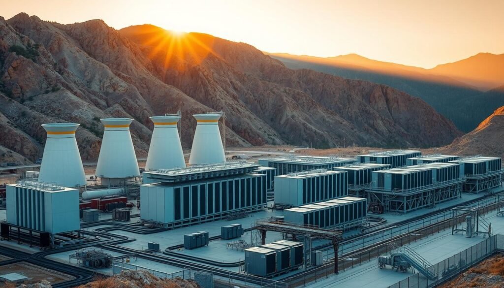 A sprawling mining facility nestled in a rugged mountainous landscape, its towering rigs and cooling towers casting long shadows under a warm, golden sunset. The scene captures the essential geographic factors that influence mining costs - the remote location, challenging terrain, and need for reliable energy supply. Sleek, modern mining equipment is meticulously arranged, conveying the high-tech nature of this capital-intensive industry. Subtle details like cable trays, transformers, and security fencing add authenticity. The overall mood is one of industrial scale, efficiency, and the relentless pursuit of financial rewards from the digital gold rush of cryptocurrency mining.