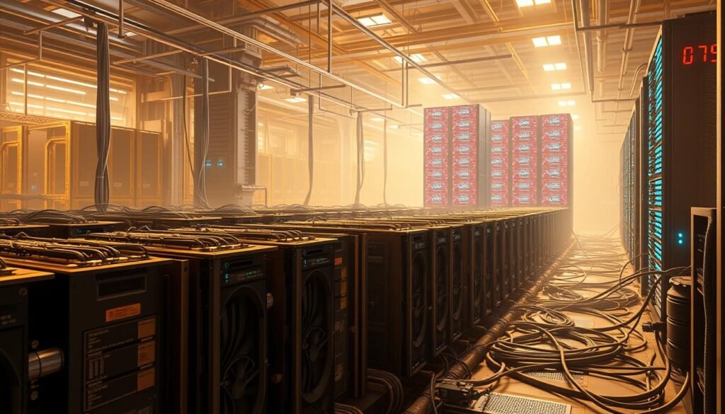 A vast, industrial landscape with rows of specialized mining rigs, their cooling fans whirring intensely. The foreground features a collection of sleek, high-powered ASIC miners, their intricate circuits and cooling systems on full display. In the middle ground, a network of cables and conduits snakes through the scene, powering the machines. The background is dominated by towering server racks, their LED indicators pulsing with data as they crunch complex cryptographic algorithms. Warm, diffused lighting casts a golden glow over the entire scene, creating a sense of technical wonder and the relentless, 24/7 nature of the Bitcoin mining process.